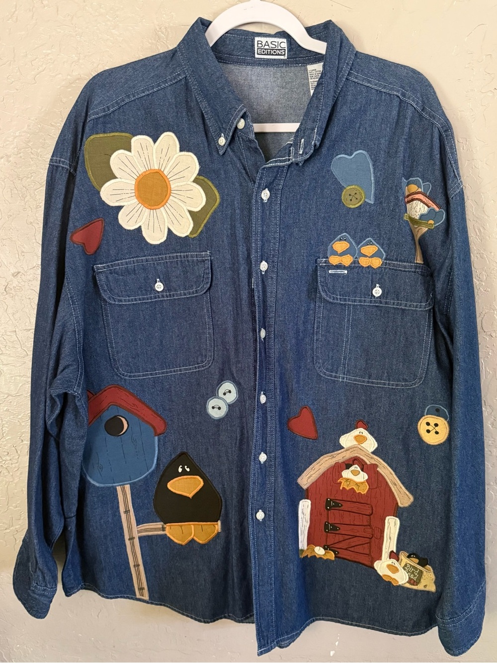 Basic Editions Blue Denim Button-Up Shirt with Appliqué Bird & Flower Motifs